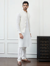 Men Off White Color Woven Design Embroidery With Sequence Cotton Nehru Jacket