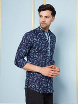 Men Blue Indigo Printed Cotton Short Kurta