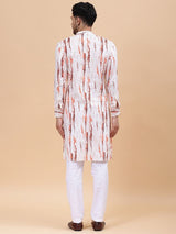 Men White & Orange Pure Cotton Printed Straight Kurta With pyjama
