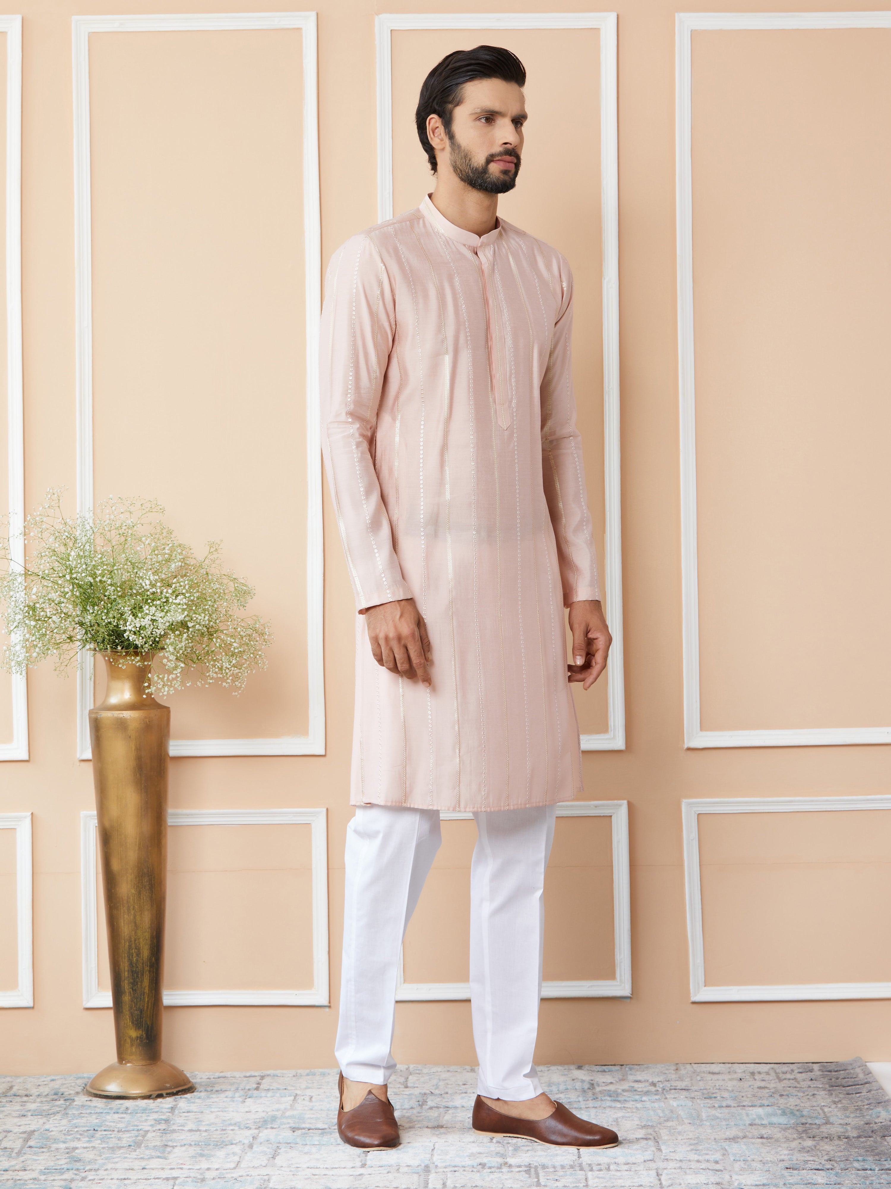 Light Pink Sequins Embroidered Pure Chanderi Silk Straight Kurta with Pyjama