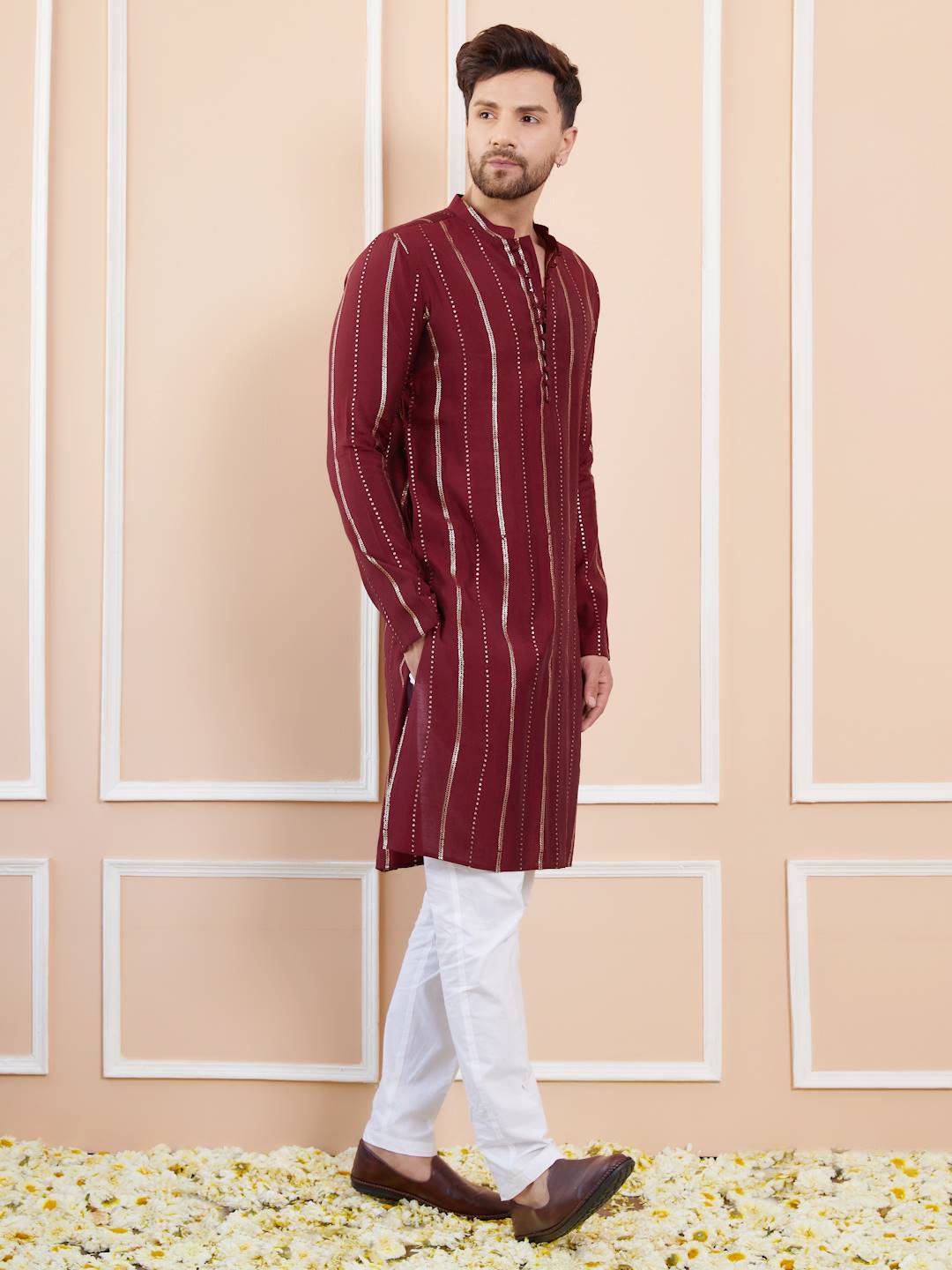 Men Burgundy And Gold Chanderi Silk Sequins Kurta With Pajama