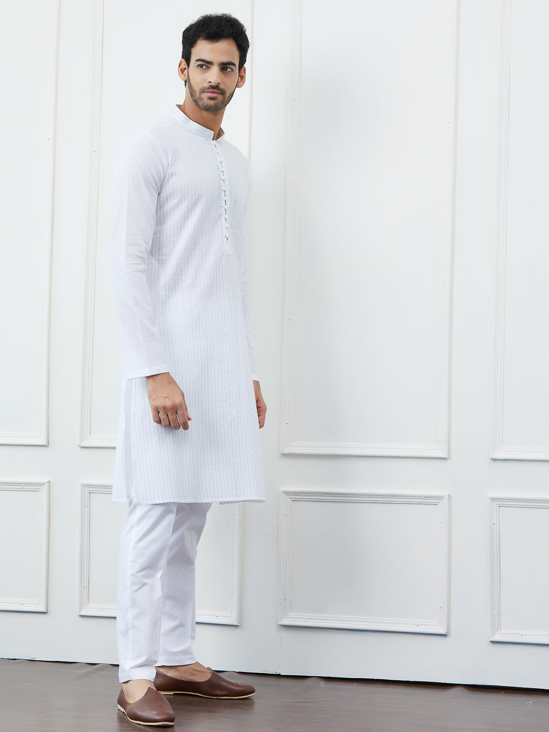 Men White Kurta with Pastel Blue and Pink Stripes and Pajama