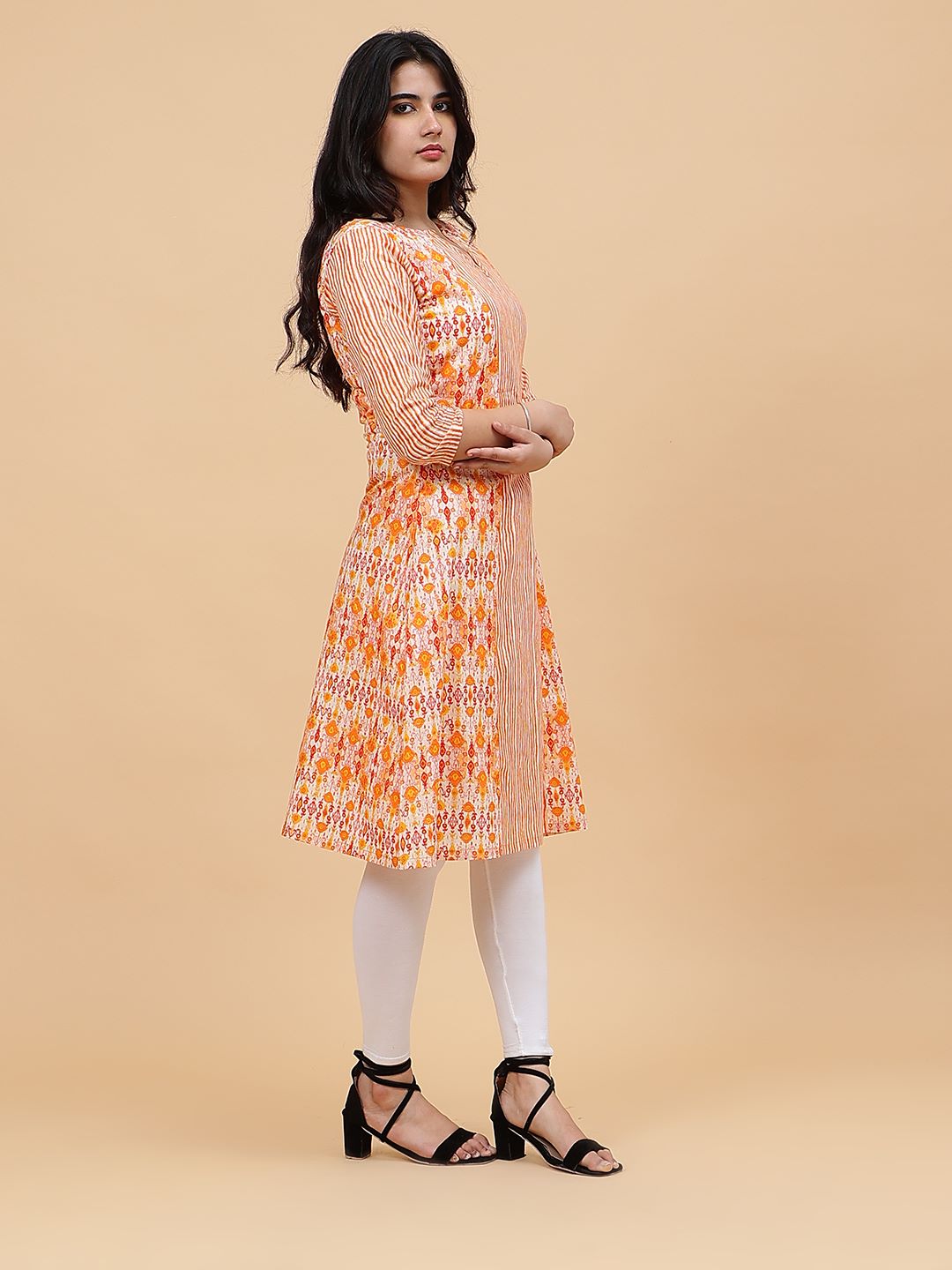 Women Coral And White Color Printed Yoke Design Cotton Kurti