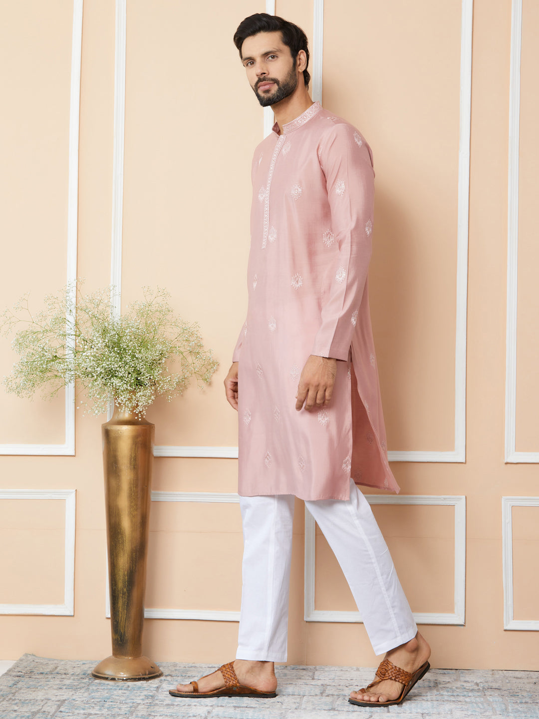 Classic Rose Embroidered Pure Chanderi Silk Straight Kurta with Pyjama