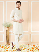 Men Cream Cotton Solid Pathani Kurta