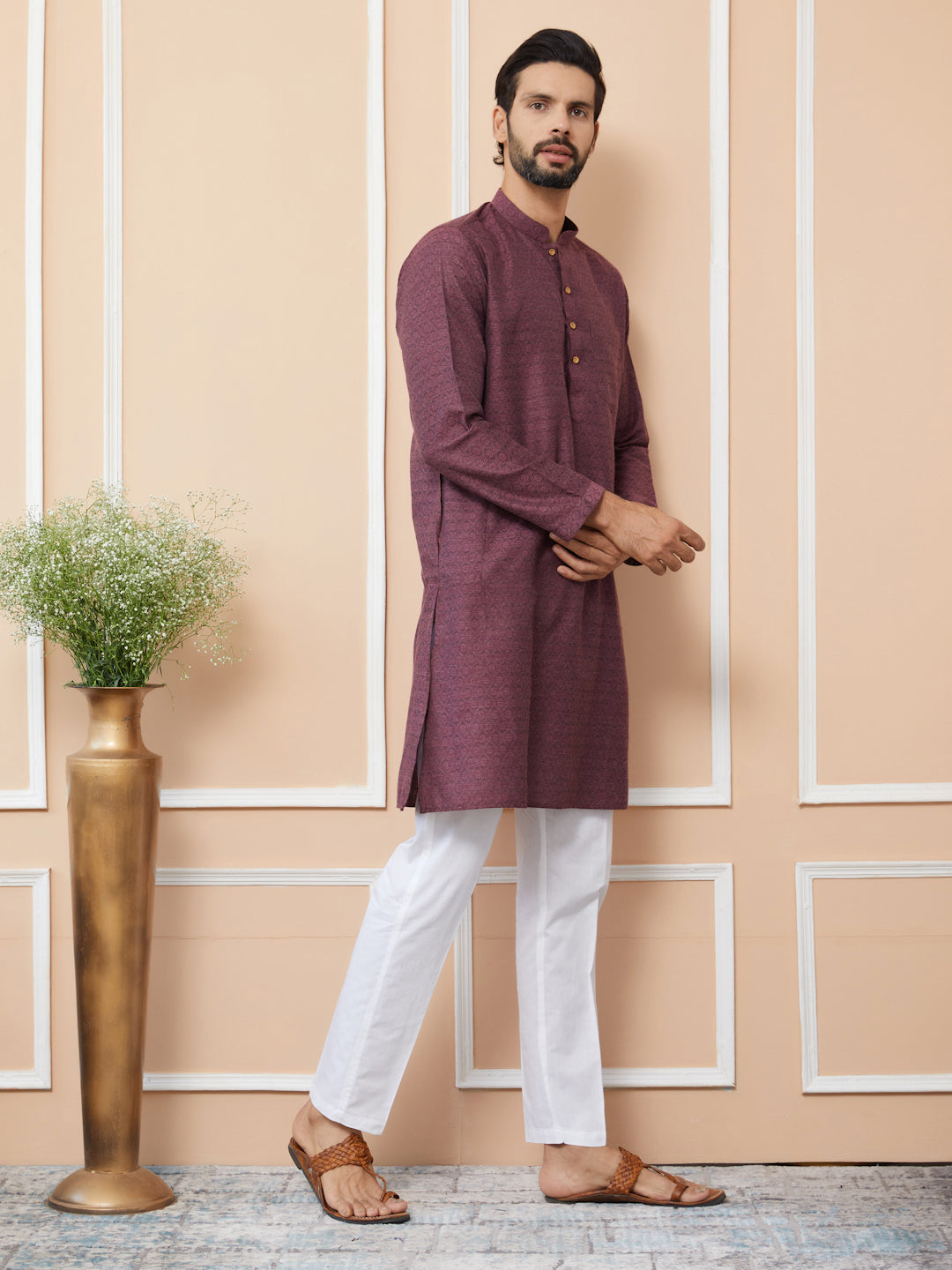 Dark Mauve Ethnic Motifs Silk Jacquard Woven Design Straight Kurta with Pyjama