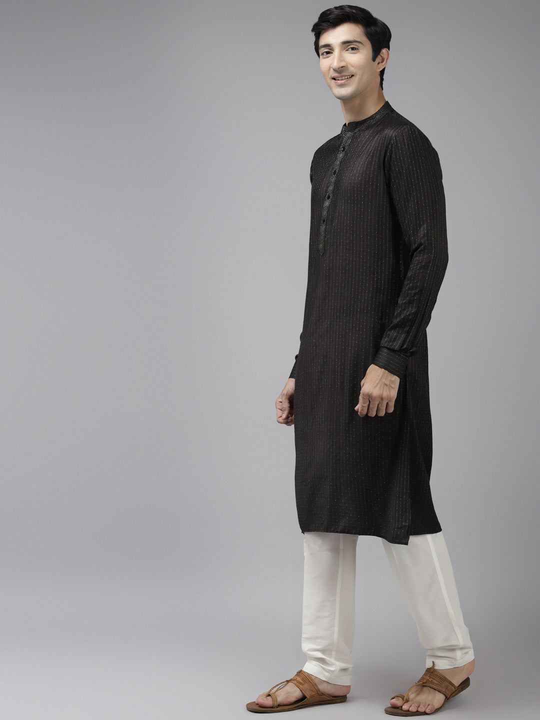 Men Olive & Beige Toned Woven Design Thread Work Kurta