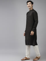 Men Olive & Beige Toned Woven Design Thread Work Kurta