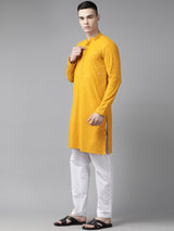 Men Mustard Floral Embroidered Sequin Rayon Kurta