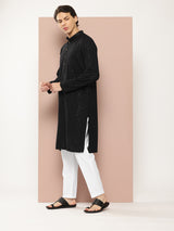 Men Black Embroidered Sequin Rayon Kurta
