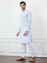 Men White And Light Blue Chikankari Embroidered Cotton Kurta Set