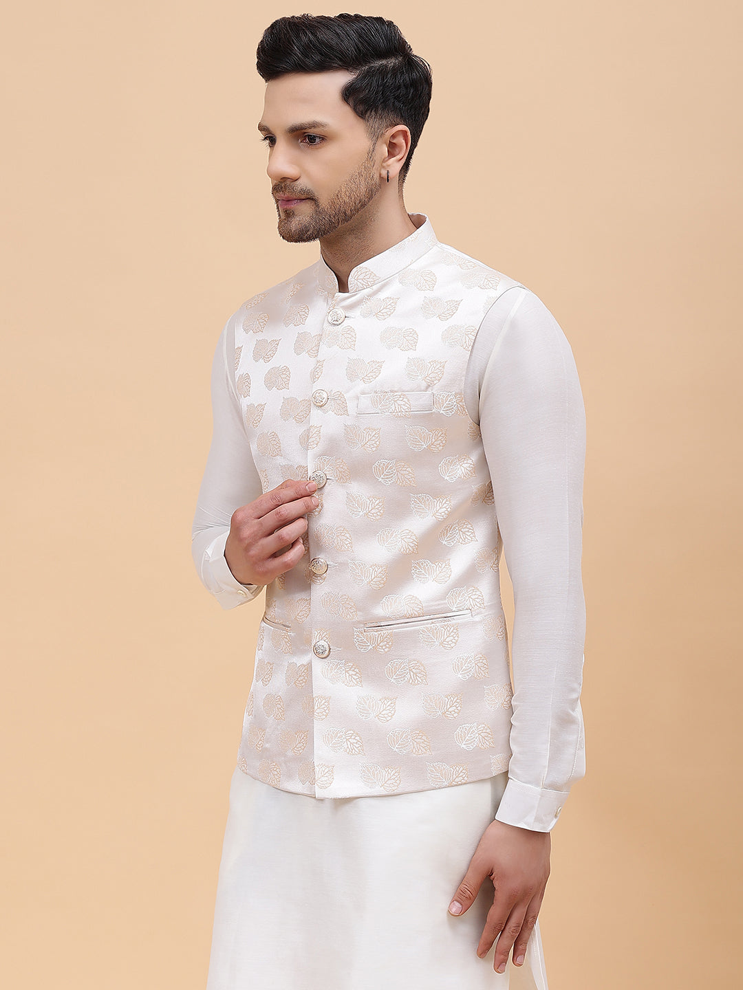 Men Elegant Woven Floral Pattern Jacquard Nehru Jacket