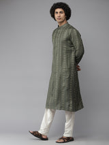 Men Green & Gold-Toned Straight Woven Design Kurta