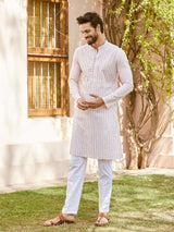 Men Soft Blush Pink with Navy Blue Stripes Pintex Design Sequins Cotton Kurta With Pajama