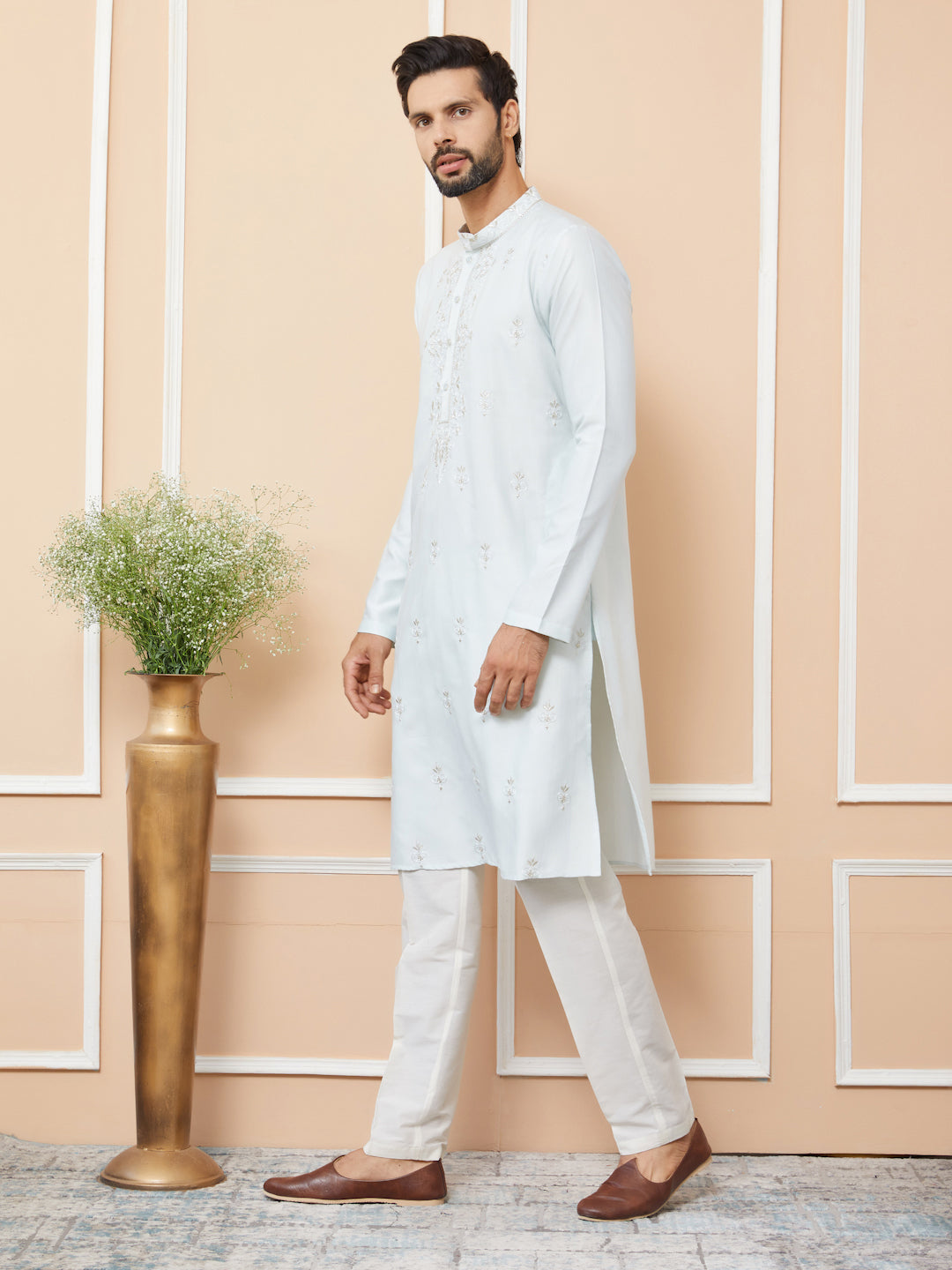 Light Blue Embroidered Zara Silk Straight Kurta with Pyjama