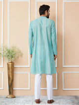 Ice Green Embroidered Thread Work Sequinsed Chanderi Silk Straight Kurta with Pyjama