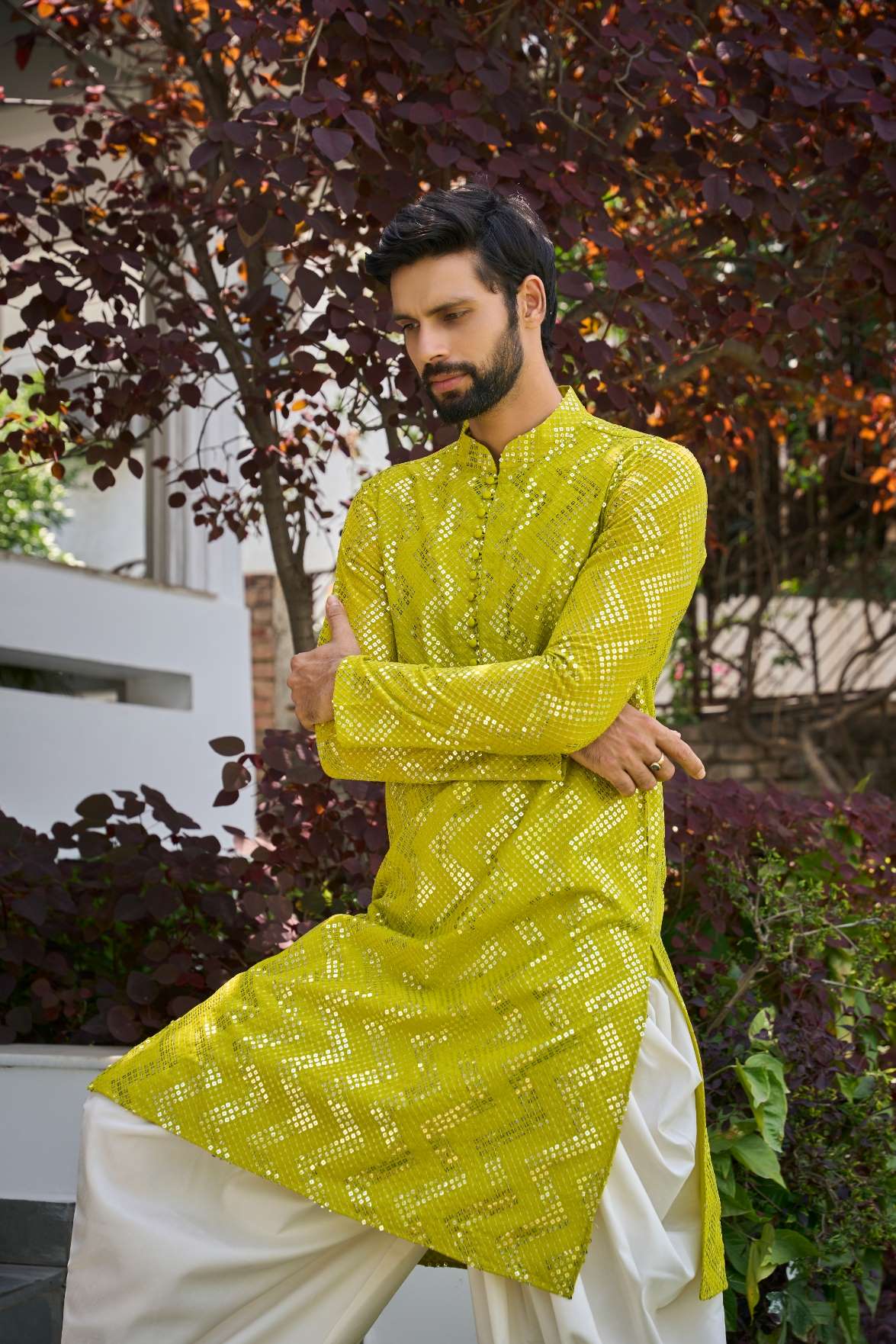 Men Lime Green Sequins Woven Designs Kurta