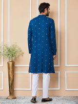 Royal Blue Sequins Embroidered Rayon Straight Kurta with Yoke Design and Pyjama