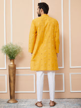 Mustard Cotton Handloom Motifs Straight Kurta with Pyjama