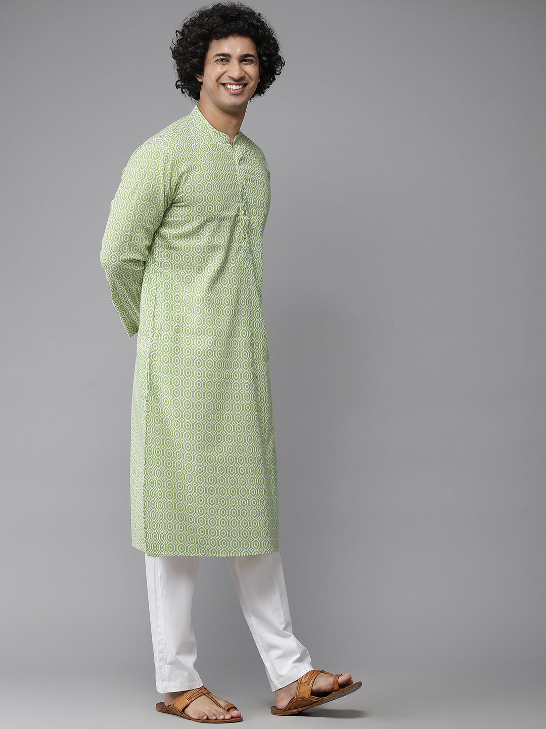 Men Lime Green & White Printed Pure Cotton Straight Kurta