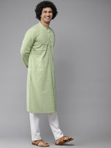 Men Lime Green & White Printed Pure Cotton Straight Kurta