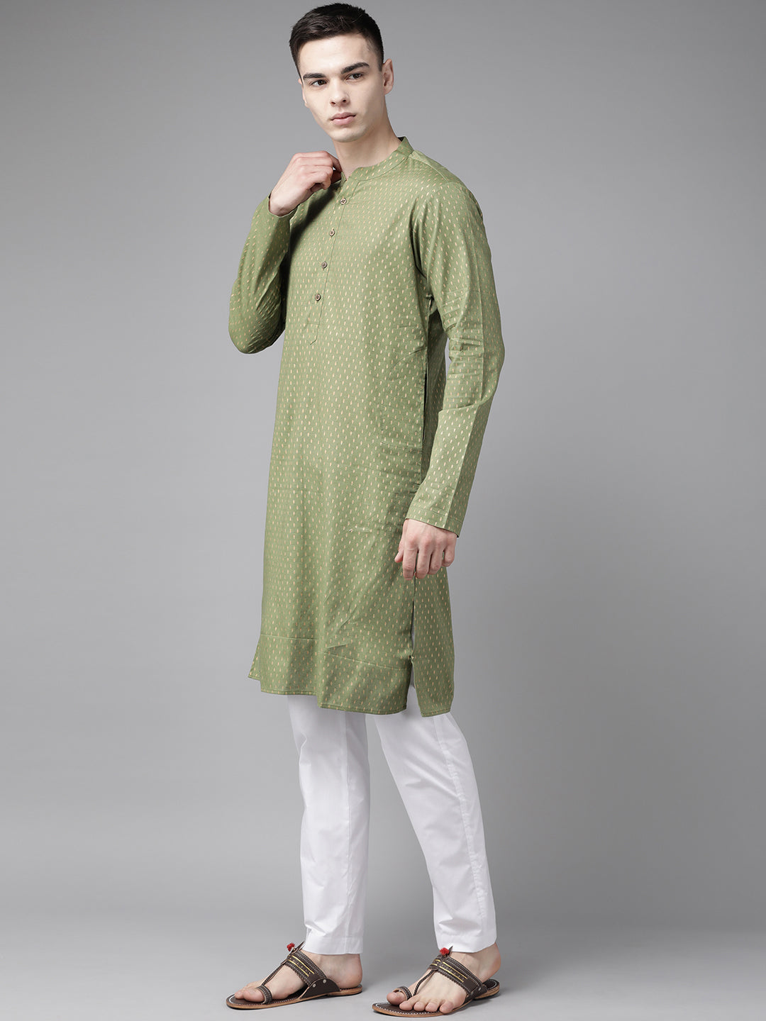 Riwaat.com Men Green & Gold Stripe Printed Straight Kurta With Pajama Riwaat Bundi Mehendi Printed