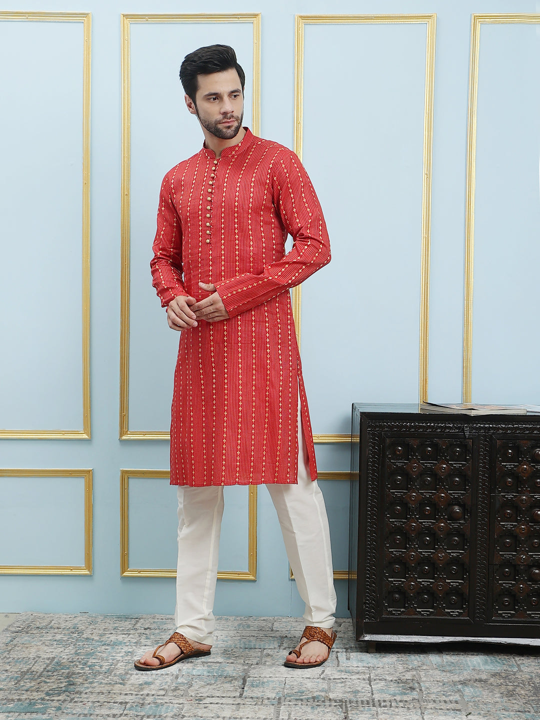 Riwaat.com Men Red & Gold Thread Work Cotton Silk Kurta Riwaat Embroidered