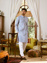 Men Sky Blue And White Cotton Leaf Print Straight Kurta