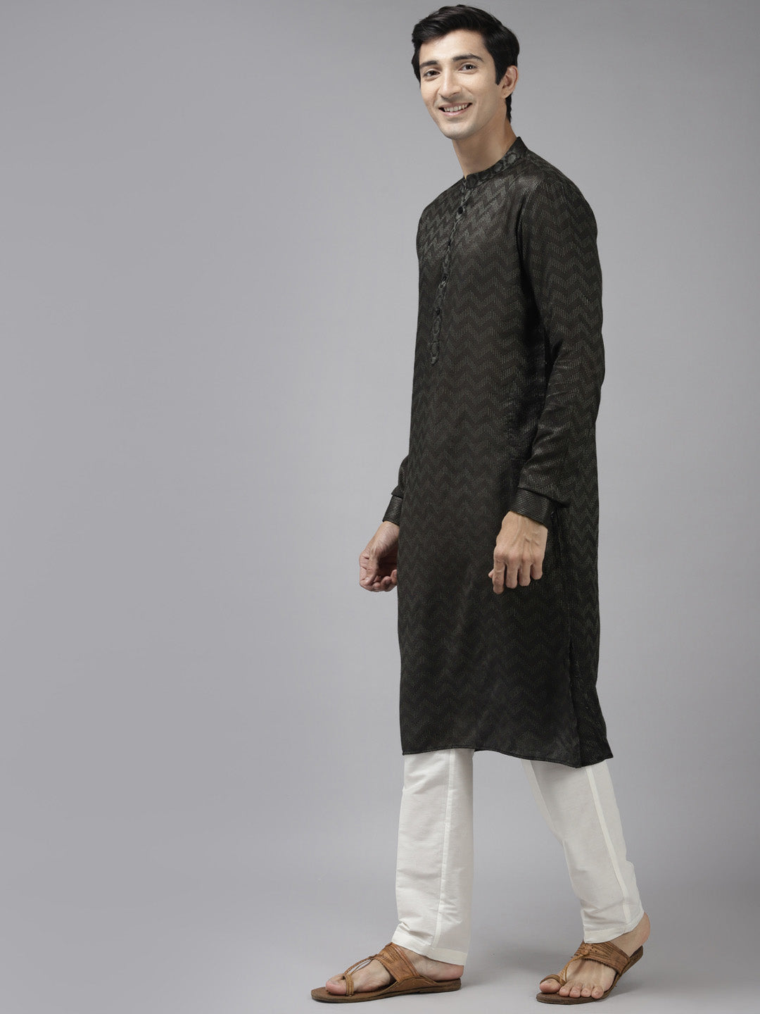 Men Olive & Beige Wave Woven Design Thread Work Kurta