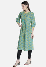 Women Green A-Line Abstract Printed Dress