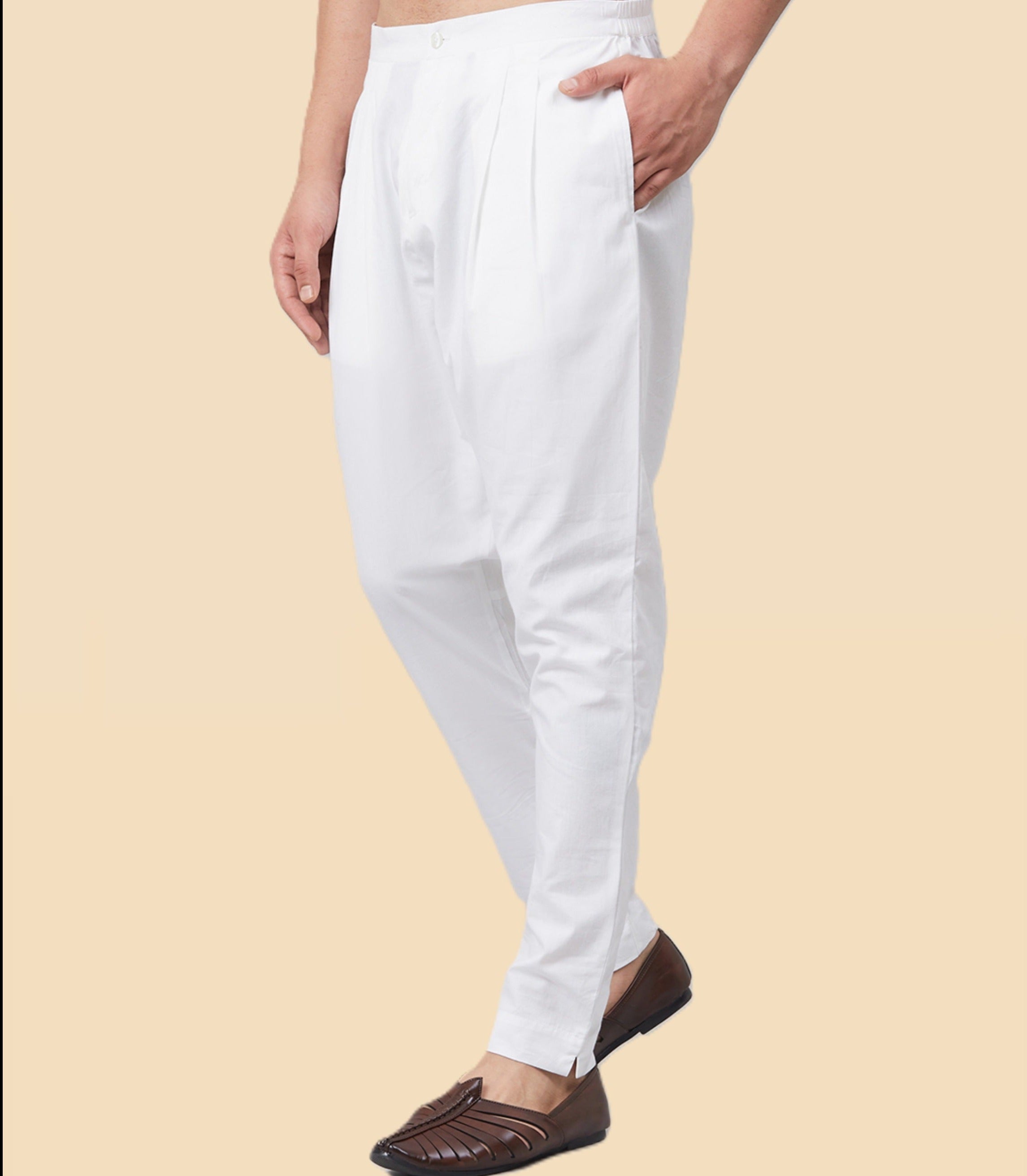 Men White Solid Trouser Style Pant