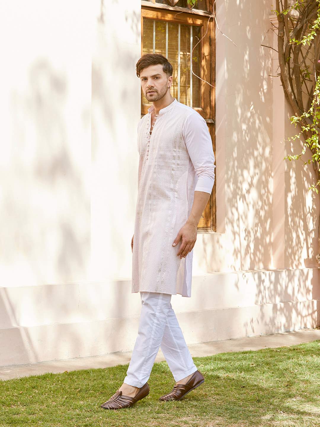 Men Blush Pink with Subtle Golden Pintex Design Sequins Cotton Kurta With Pajama