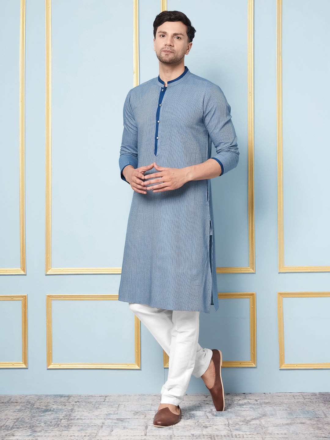 Men Blue and Weaving Design Kurta With pyjama