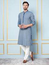 Men Blue and Weaving Design Kurta With pyjama