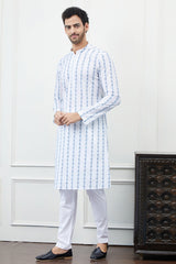 Men White And Blue Floral Chikankari Embroidery Cotton Kurta