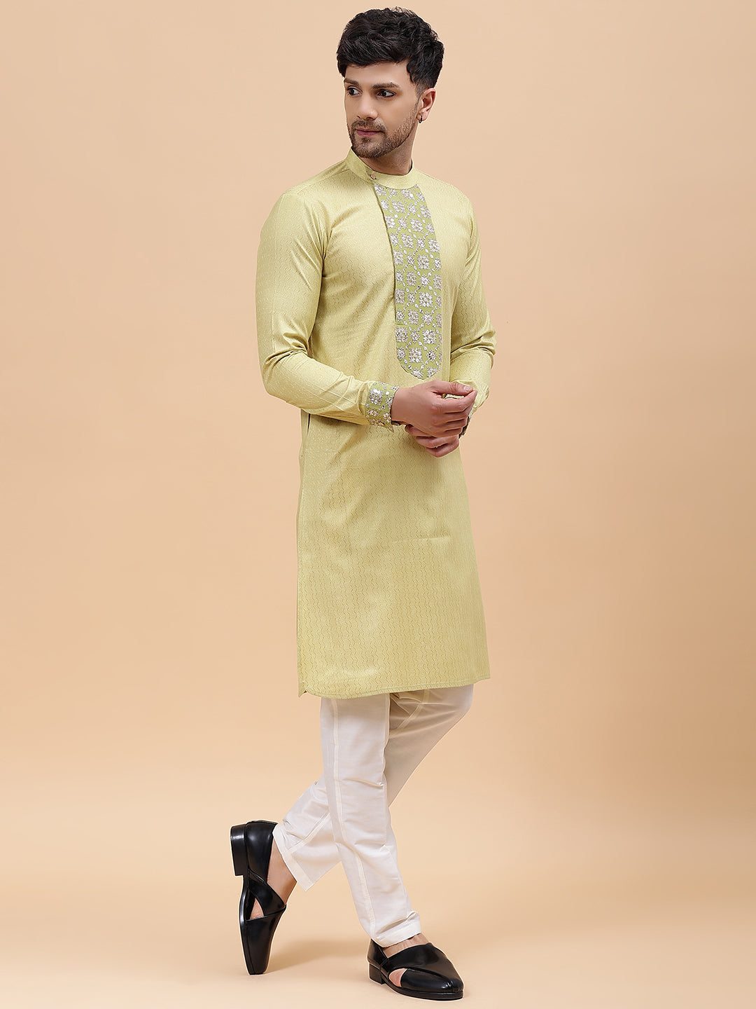 Men Gold & Green Silk Woven Design Straight Kurta With pyjama