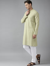 Men Green Cotton Straight Kurta with Slub Effect With Pajama