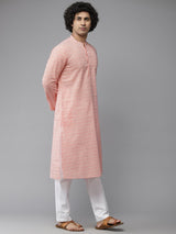 Men Coral Pink & White Printed Pure Cotton Straight Kurta With Pajama