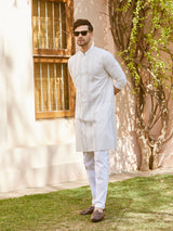 Men Cream Cotton Silk Pintex Design Thread Work Kurta