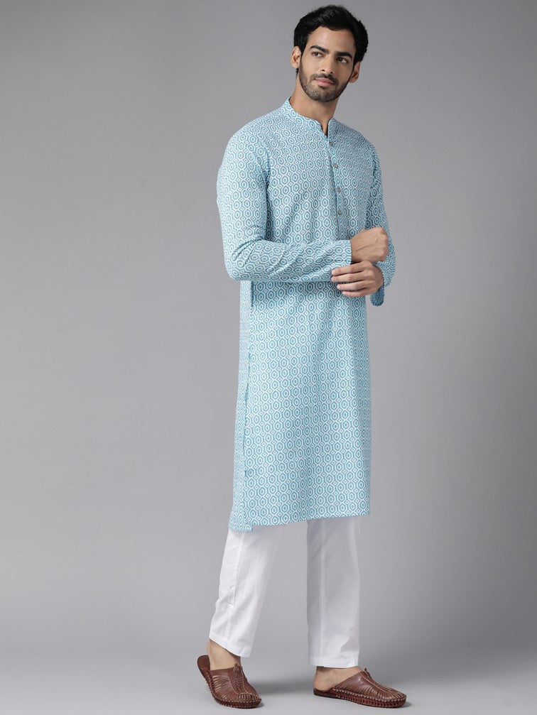 Men Aqua Blue & White Printed Pure Cotton Straight Kurta With Pajama