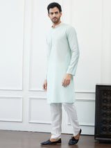 Riwaat.com Men Sea Green & Gold Thread Work Cotton Kurta Riwaat Embroidered Mehendi