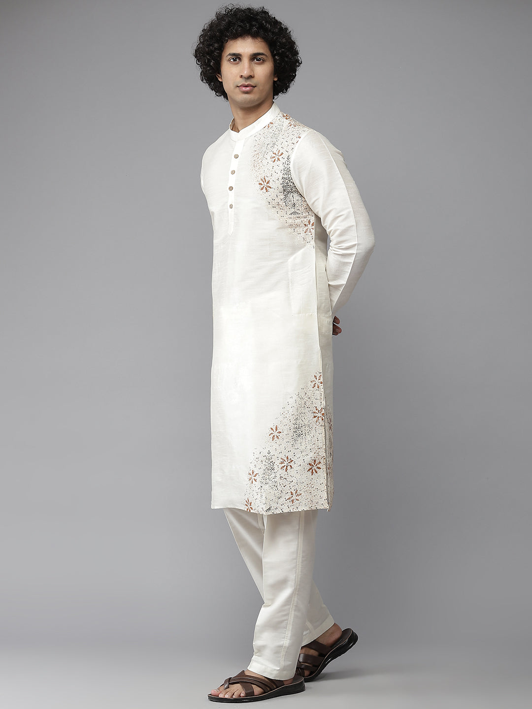 Men Off-White Cotton Silk Block Print Straight Kurta