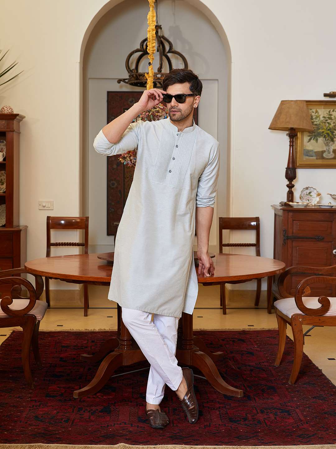 Men Grey Cotton Silk Pintex Yoke Design Kurta With Pajama