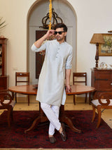 Men Grey Cotton Silk Pintex Yoke Design Kurta With Pajama