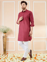 Men Red Cotton Solid Pathani Kurta with Pyjama