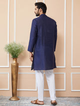 Indigo Ethnic Motifs Silk Jacquard Woven Design Straight Kurta with Pyjama