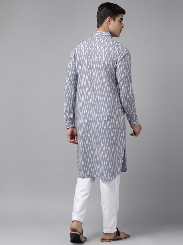 Men Light Grey Regular Pure Cotton Pathani Printed Men's Kurta
