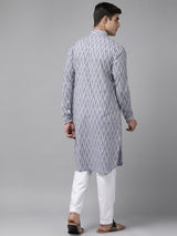 Men Light Grey Regular Pure Cotton Pathani Printed Men's Kurta