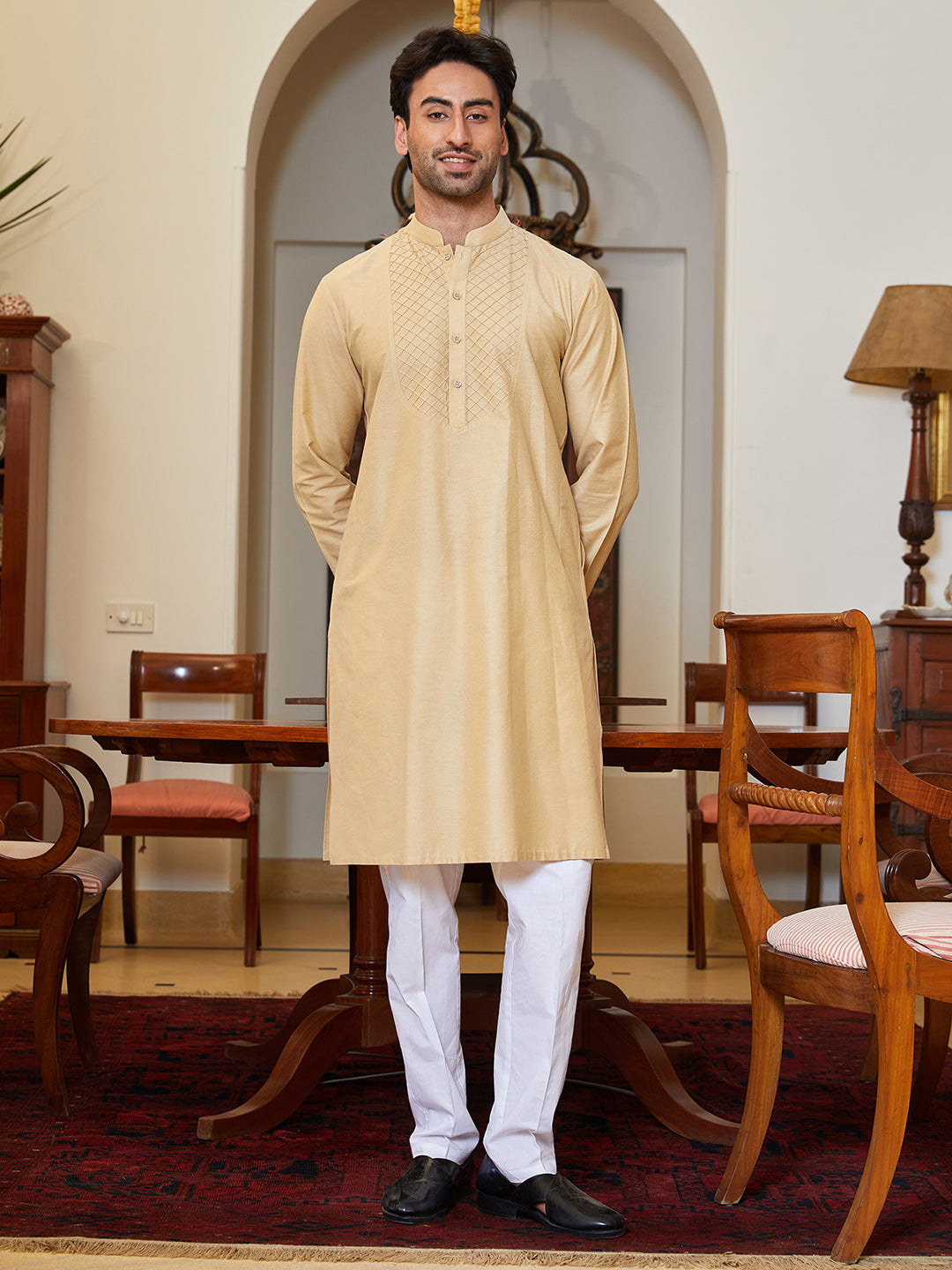 Men Brown Cotton Silk Pintex Yoke Design Kurta