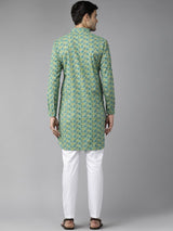 Men Green Regular Pure Cotton Pathani Printed Men's Kurta